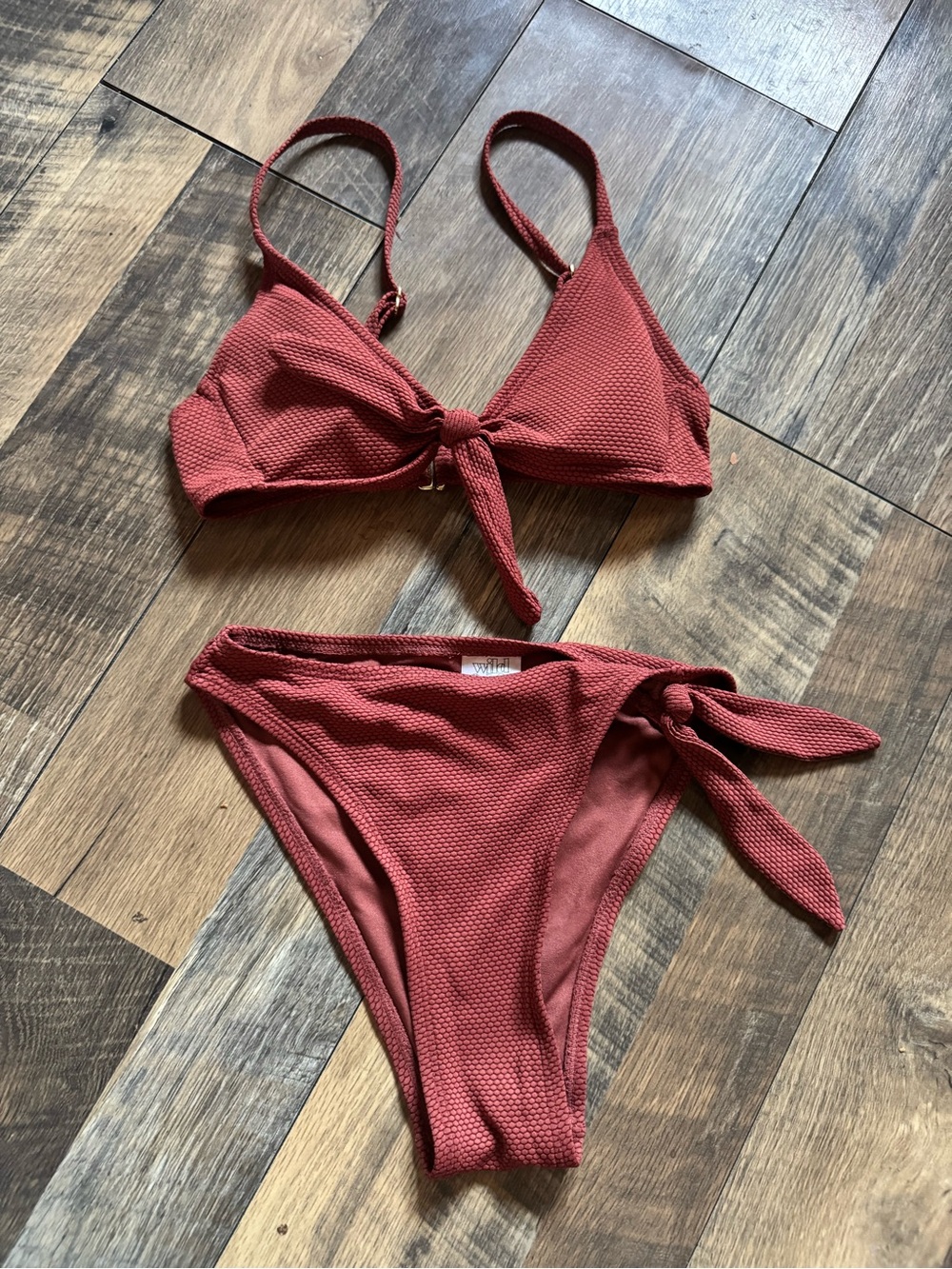 Textured Rust Red Tie-Front Bikini Set - Women Swim